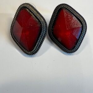 Vintage Inspired Red Carnelian Glass Earrings-Unmarked Metal Setting
